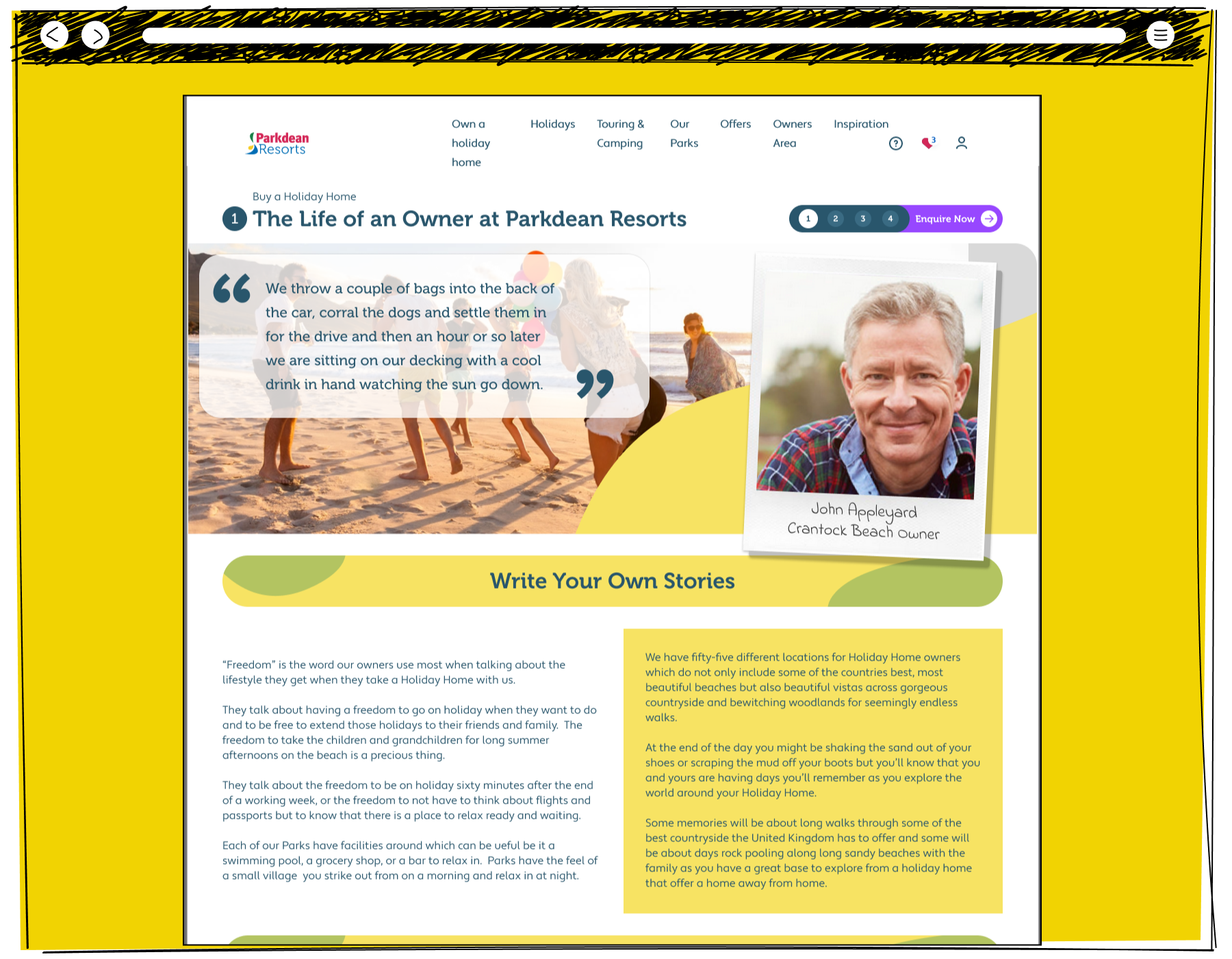The Parkdean Resorts life as an owner page showing the top hero section with a beach photo, a quote from Crantock Beach owner John Appleyard, a write your own stories heading, and two columns of body text describing the freedom and locations available to holiday home owners across fifty-five UK parks