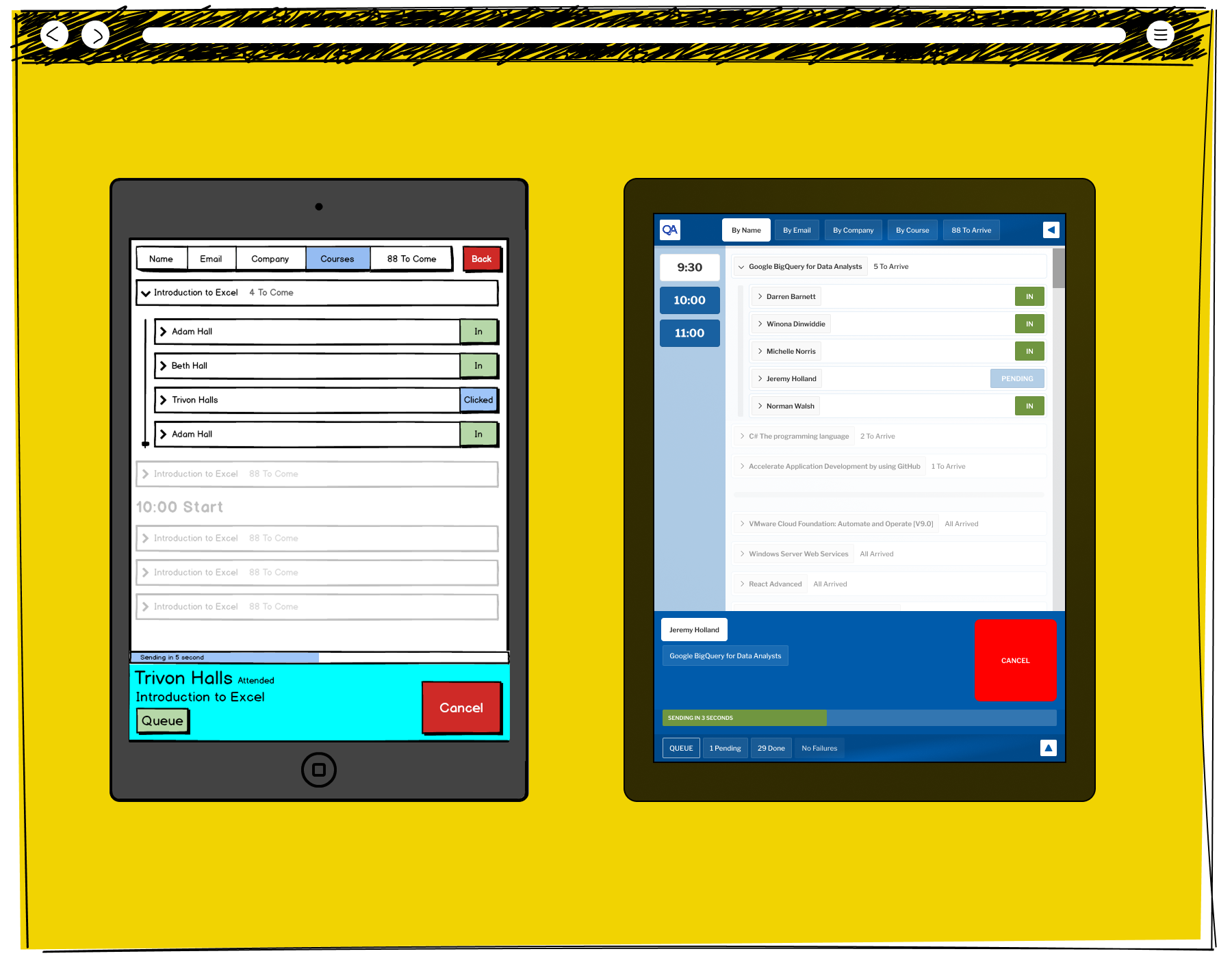 Two tablet screens showing the QA check-in system, with the left tablet displaying a course attendee list where Trivon Halls has been clicked and a sending confirmation bar shows at the bottom, and the right tablet showing Jeremy Holland as pending with a sending in three seconds countdown bar and a cancel option