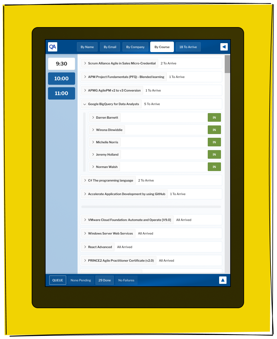 A tablet displaying a QA training course check-in system organised by course, showing arrival status for multiple courses including an expanded Google BigQuery for Data Analysts session with five attendees all marked as in