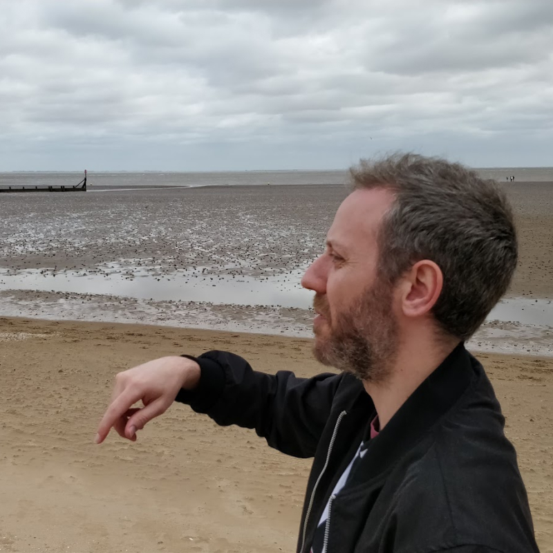 A man in a black jacket stands on a quiet beach under an overcast sky, looking out toward the sea.
