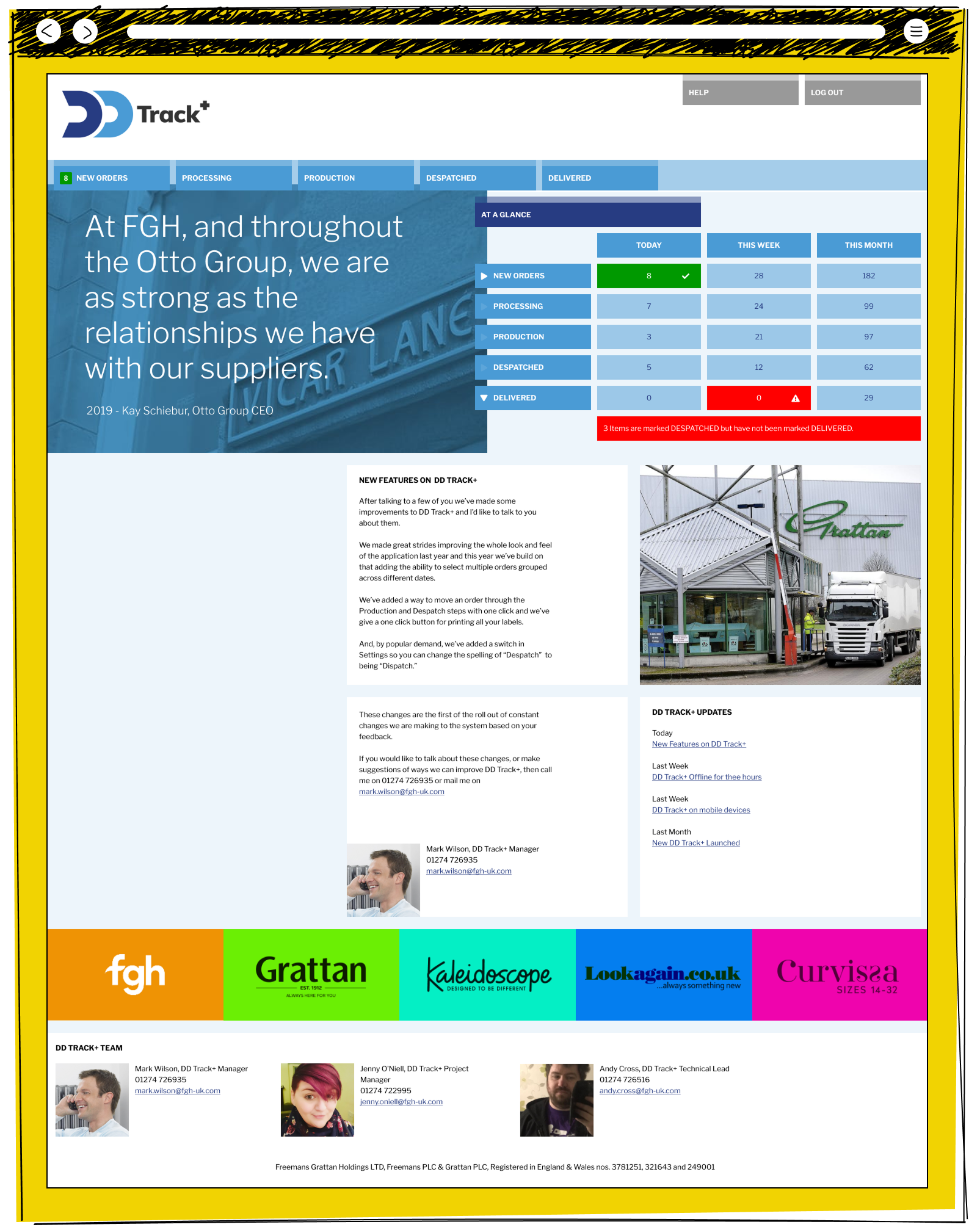 The DD Track plus homepage showing an at a glance order statistics table for today, this week and this month, a new features news article from the DD Track manager, a Grattan warehouse photo, update links, and a team contacts section with photos