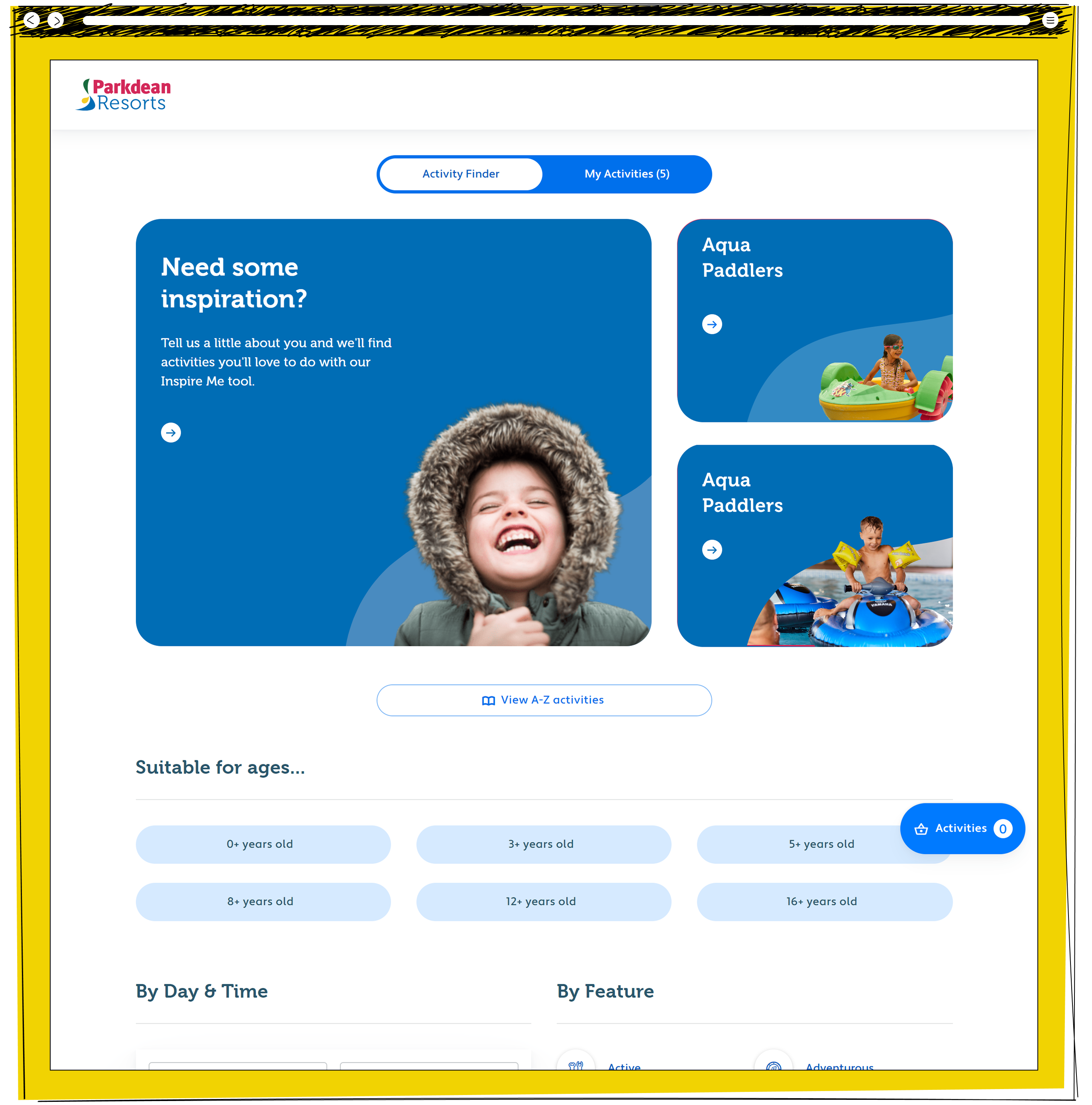 The Parkdean Resorts activity finder page showing an inspire me panel, two Aqua Paddlers activity tiles, and filter options organised by age range, day and time, and activity feature