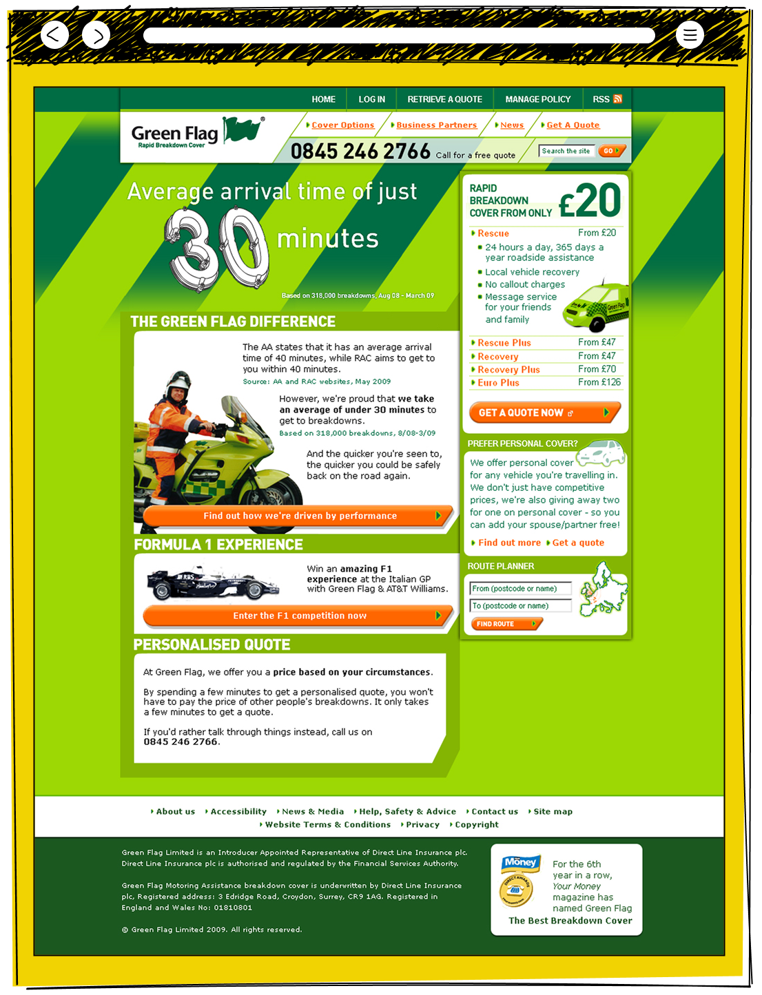 The Green Flag breakdown cover homepage promoting an average 30 minute arrival time, with cover pricing from 20 pounds, a Formula 1 competition promotion, a personalised quote section, and a route planner tool
