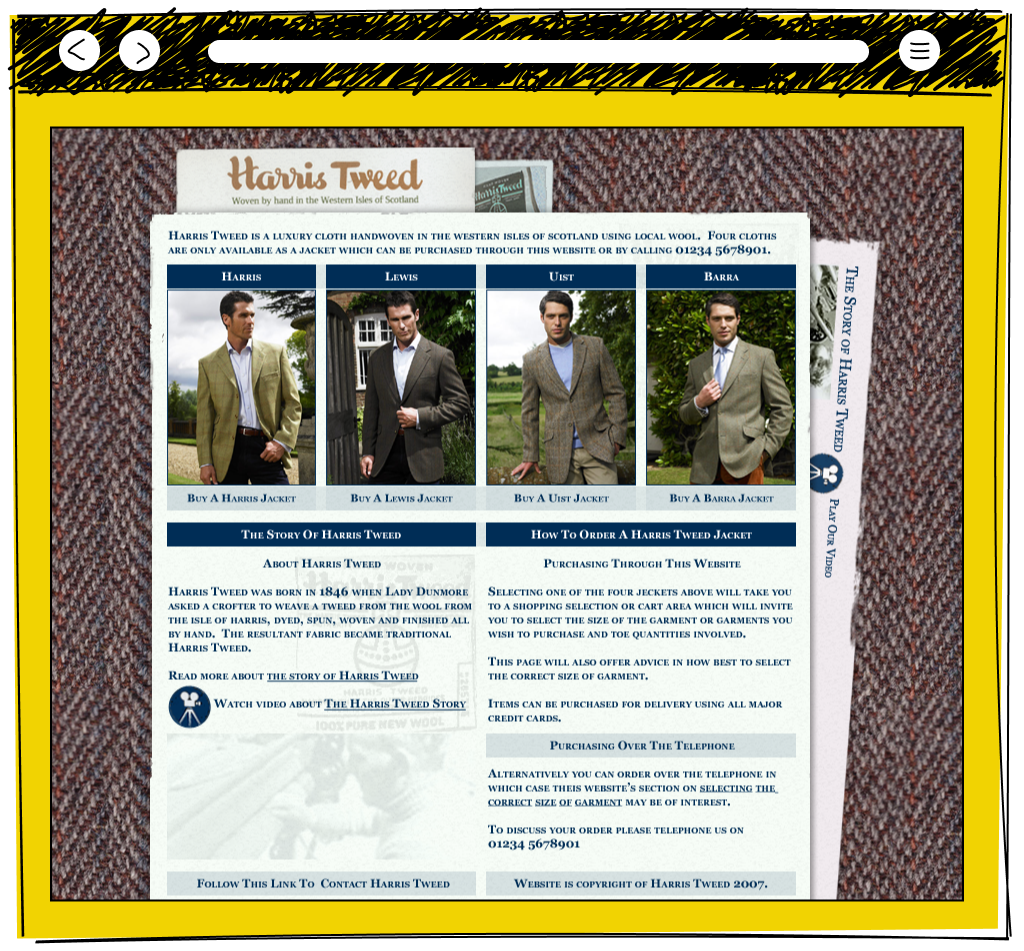 The Harris Tweed website homepage showing four jacket styles named Harris, Lewis, Uist and Barra modelled by men outdoors, with sections on the history of Harris Tweed dating to 1846 and instructions for ordering online or by telephone