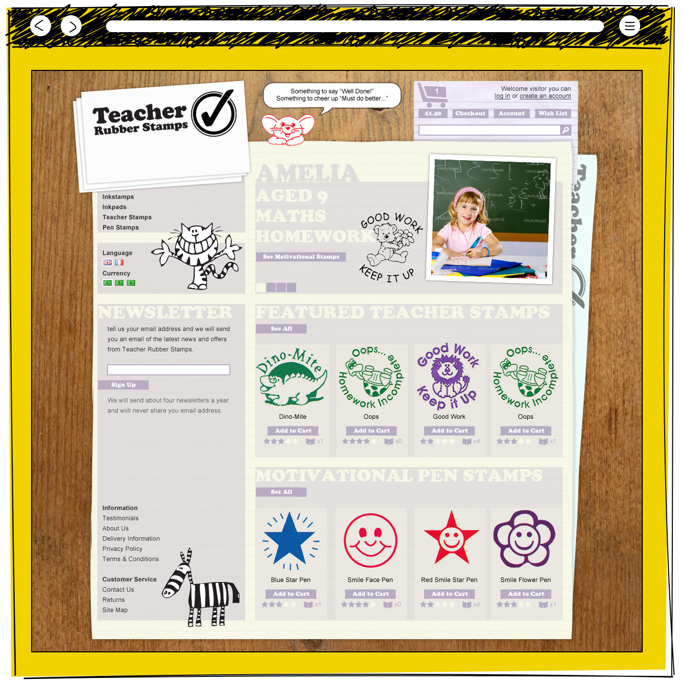 The Teacher Rubber Stamps e-commerce homepage showing featured motivational rubber stamps including Dino-Mite, Good Work and Oops designs alongside motivational pen stamps, with a newsletter signup and navigation for inkstamps, inkpads and pen stamps