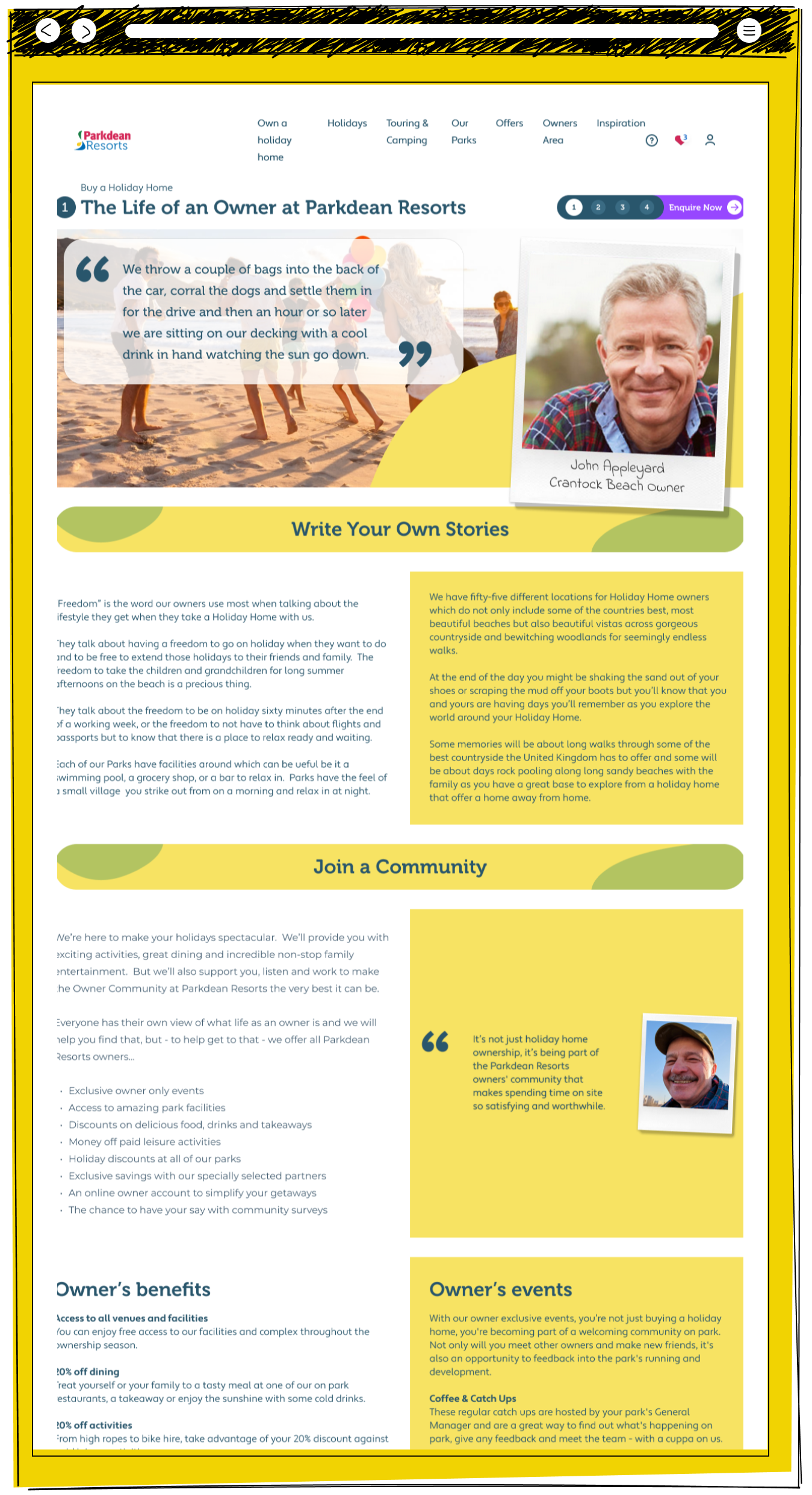 The Parkdean Resorts life as an owner page featuring a beach photo with a quote from owner John Appleyard, a write your own stories section about the freedom of holiday home ownership, a join a community section listing owner benefits and events including coffee and catch ups