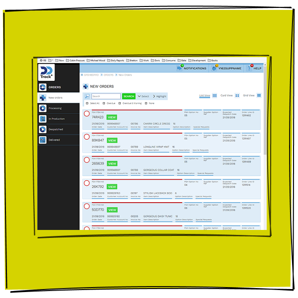 Screenshot of a delivery tracking dashboard displayed within a yellow-framed interface, showing multiple shipment entries with status bars, order details, and a dark navigation sidebar on the right.